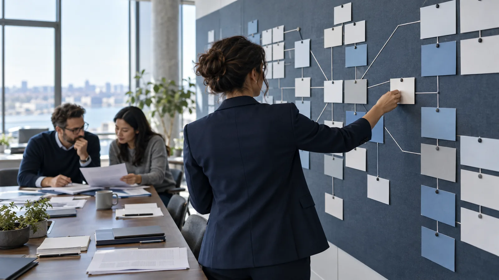 Illustration of a planning team examining linked workstreams on a shared physical planning wall