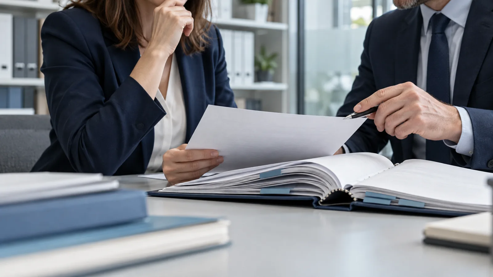Illustration of two reviewers examining a document beside a retained decision dossier