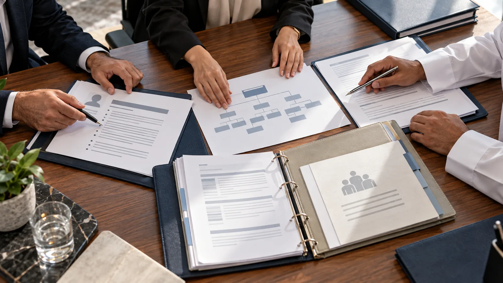 Illustration of professionals reviewing role, organisational and workforce documents together at a table