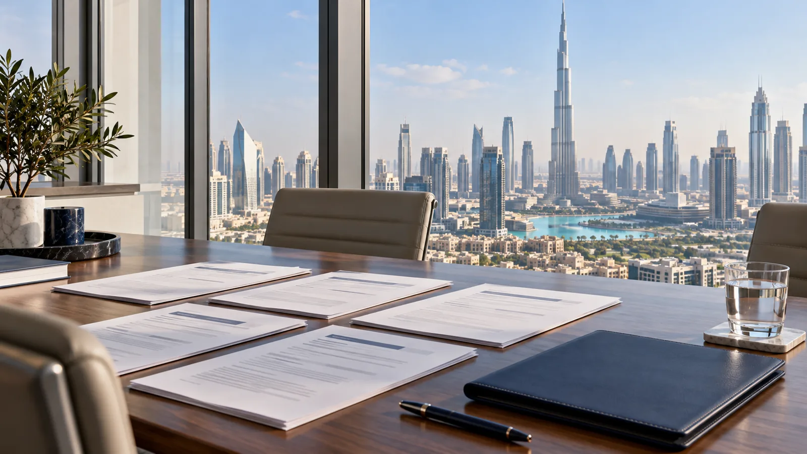 Illustration of a UAE office planning table with role documents and the Dubai skyline beyond