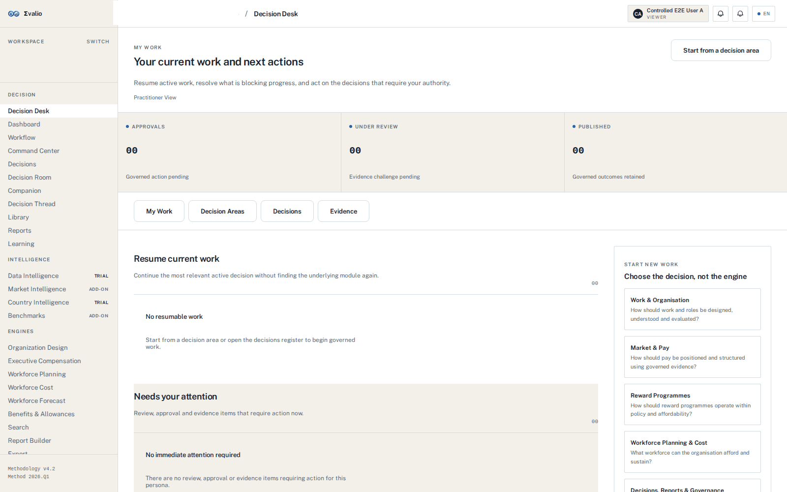 Authentic Evalio workspace showing a representative decision surface in a seeded non-client environment