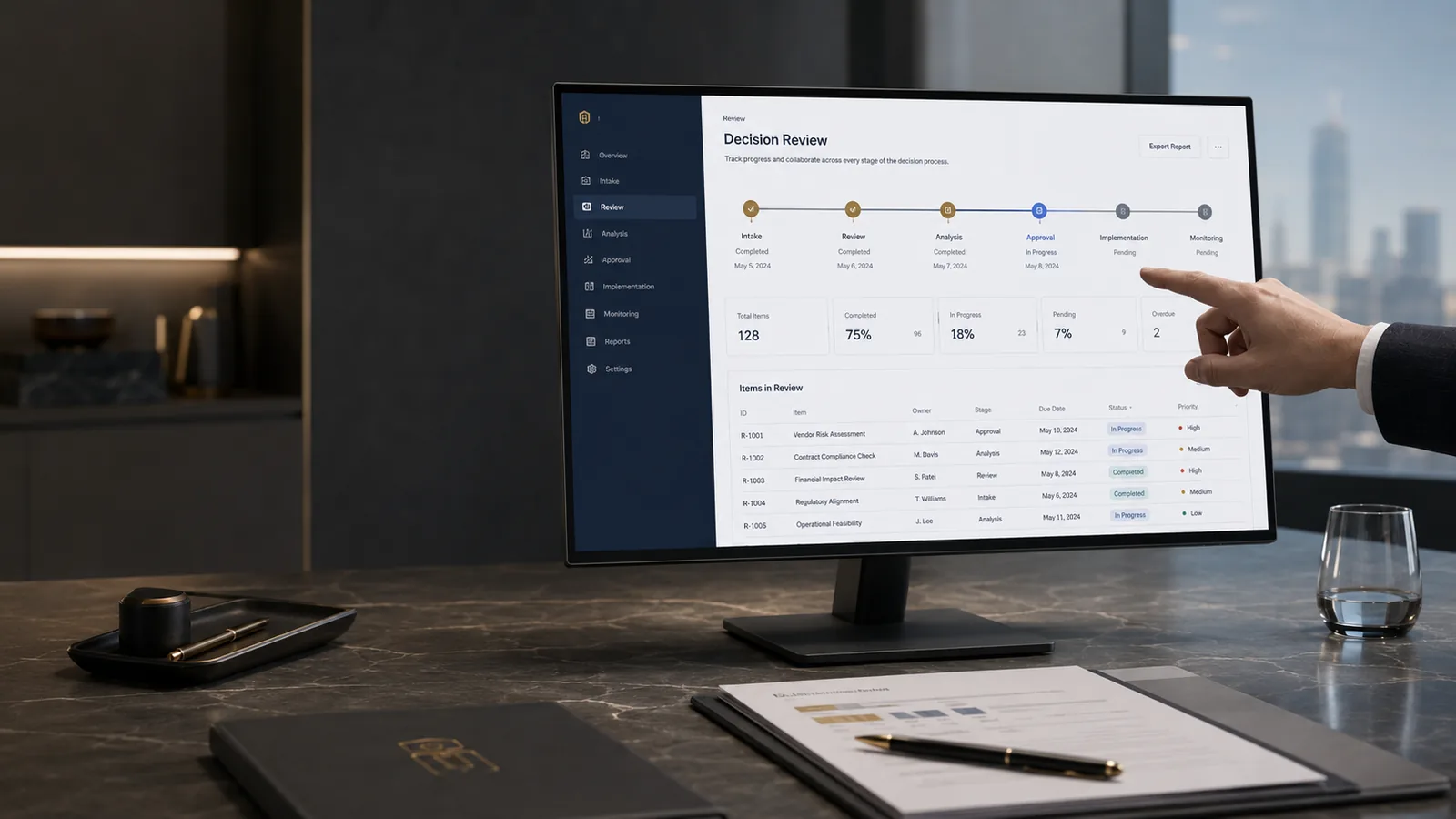 Decision Review screen showing workflow stages, item status, and a hand pointing to approval progress